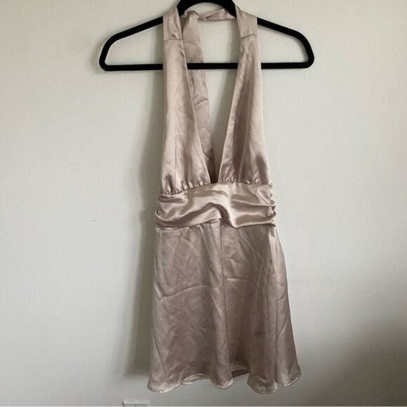 GARAGEHollySatinPlungeHalterMiniDressinBeigeOffWhiteszMMedium - Picture 3 of 12